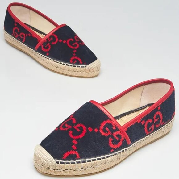 Gucci GG Logo Pilar Jute Espadrille Flat Blue Red Velvet - Picture 2 of 5
